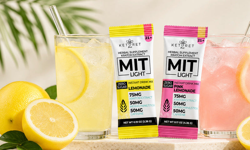 MIT Light Lemonade and Pink Lemonade kratom drink mix stick packs with prepared drinks and fresh lemons