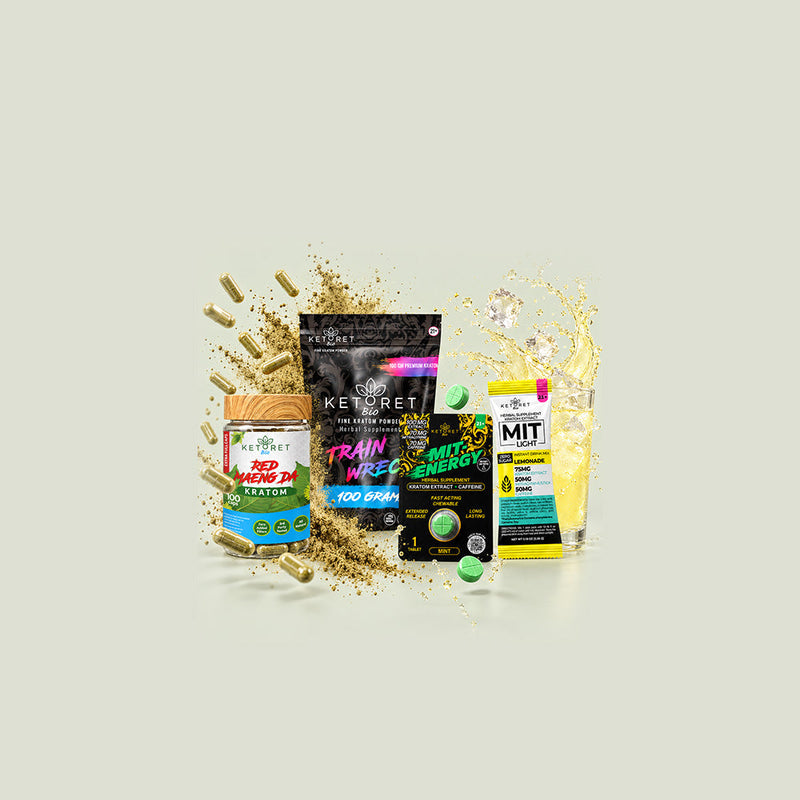 KETORET Bio kratom collection with Red Maeng Da capsules, Trainwreck powder, MIT Energy tablets, and MIT Light Lemonade drink mix, surrounded by floating capsules, powder, tablets, and a lemonade splash.