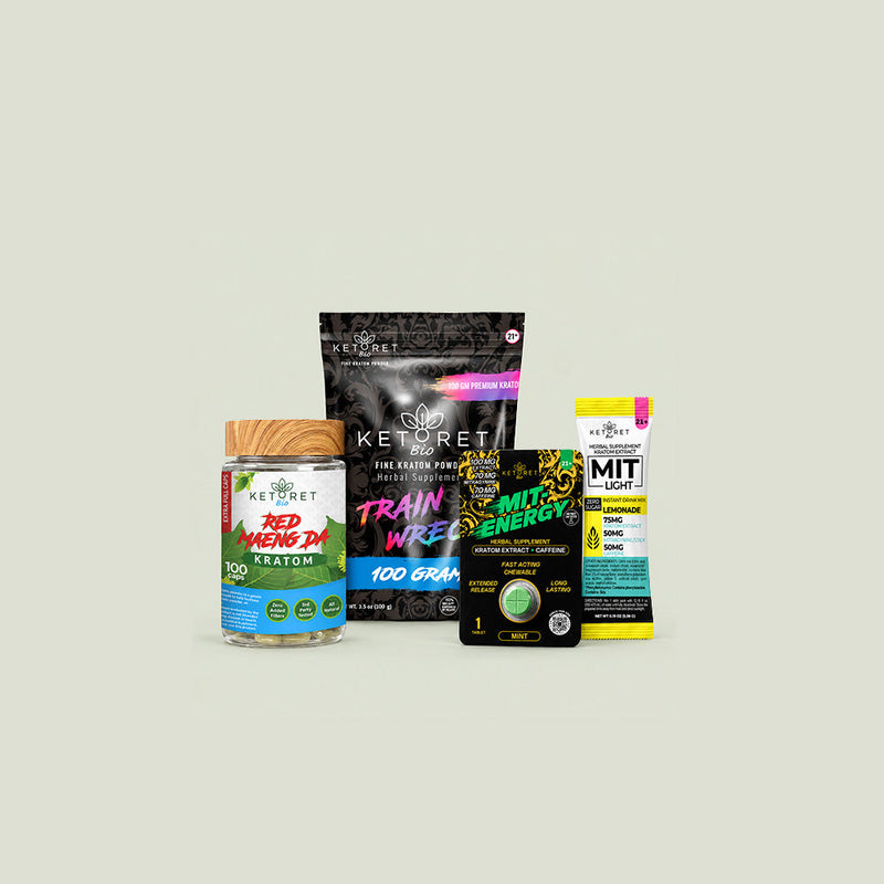 KETORET Bio product collection featuring Red Maeng Da 100-count capsules, Trainwreck 100-gram kratom powder, MIT Energy tablets, and MIT Light Lemonade drink mix.
