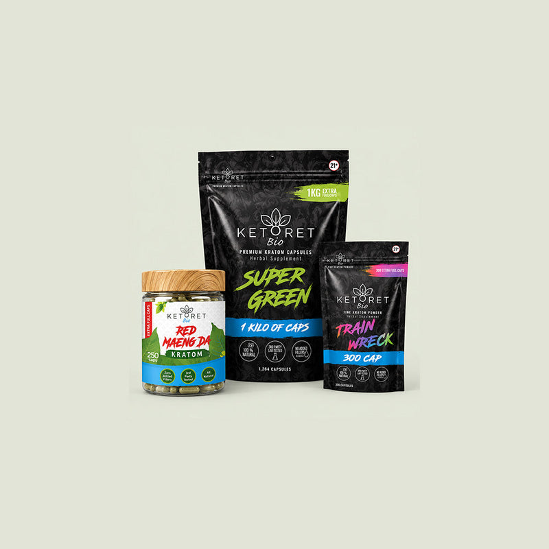 KETORET Bio kratom capsules in a jar and pouches, featuring Red Maeng Da, Super Green, and Trainwreck.