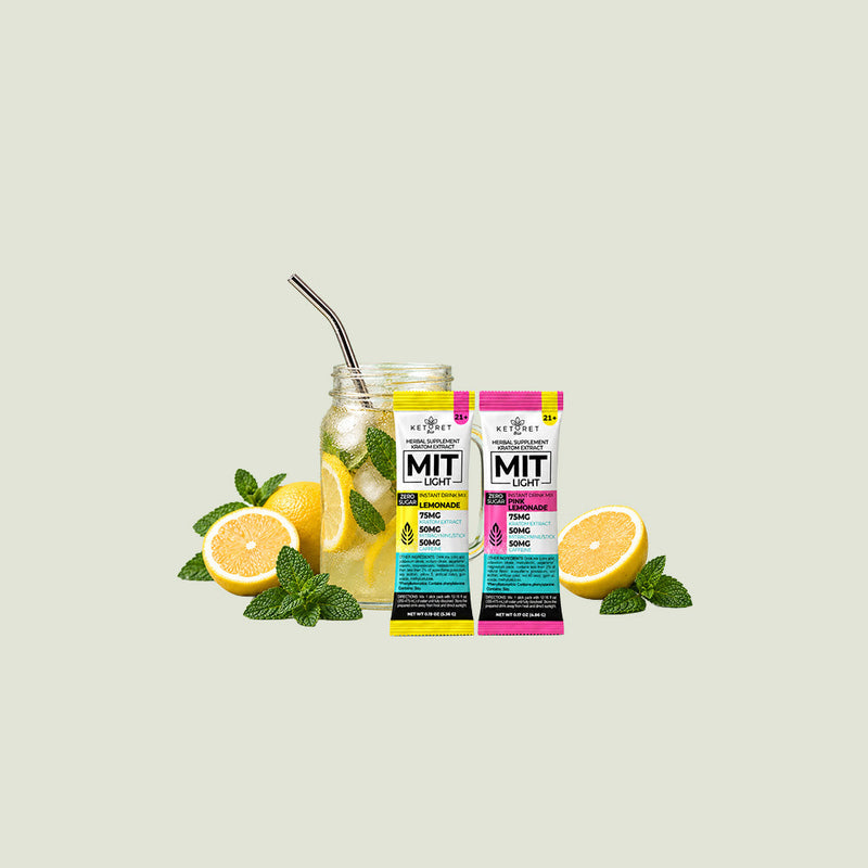 KETORET Bio MIT Light Lemonade and Pink Lemonade drink mix sachets displayed with a glass of iced lemonade.