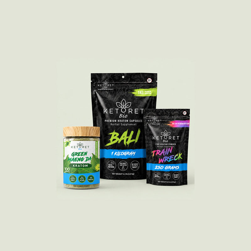 KETORET Bio kratom powder collection in branded jars and pouches.