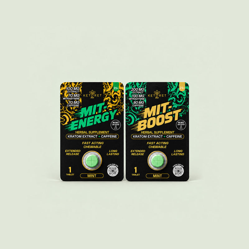 KETORET Bio MIT Energy and MIT Boost kratom extract and caffeine tablet packages.