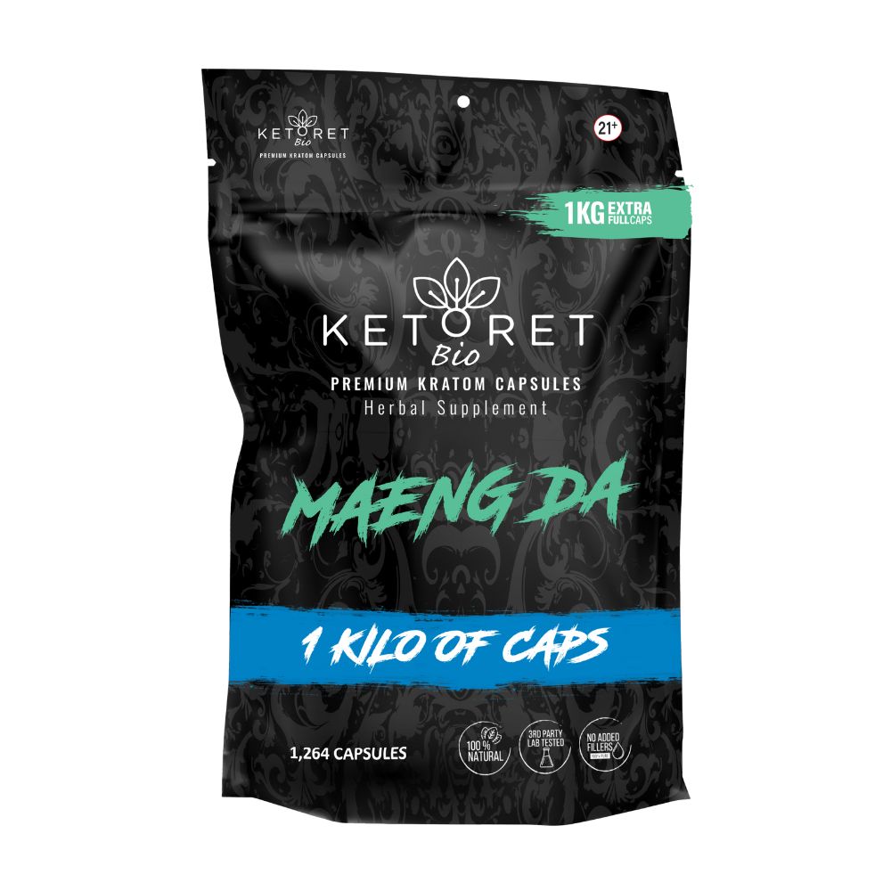 Ketoret Bio Maeng Da kratom capsules 1 kilogram packaging on a white background