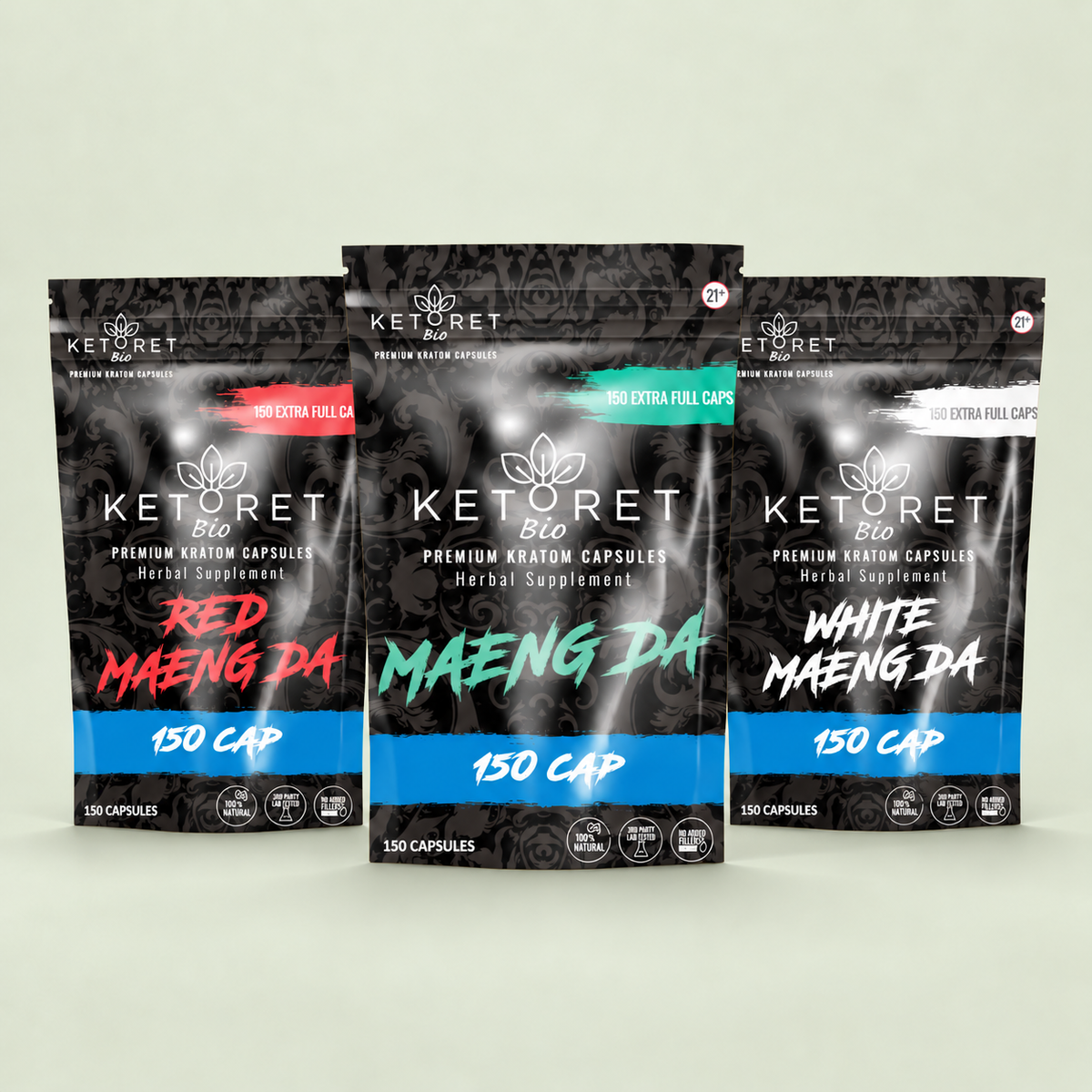 KetoretBio capsule variety pack with Maeng Da, Red Maeng Da and White Maeng Da, 150 capsules per bag.