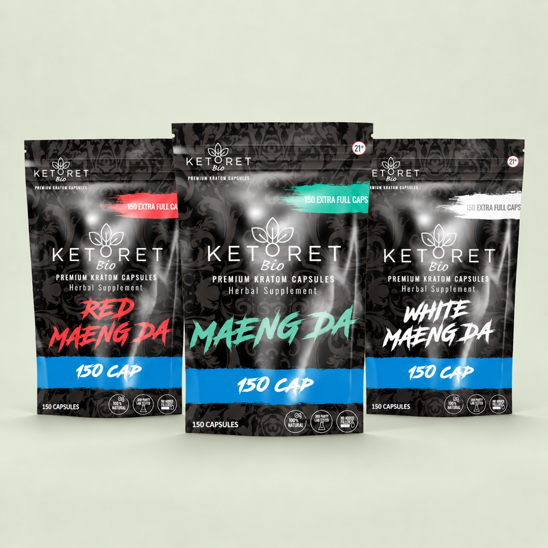 KetoretBio capsule variety pack with Maeng Da, Red Maeng Da and White Maeng Da, 150 capsules per bag.