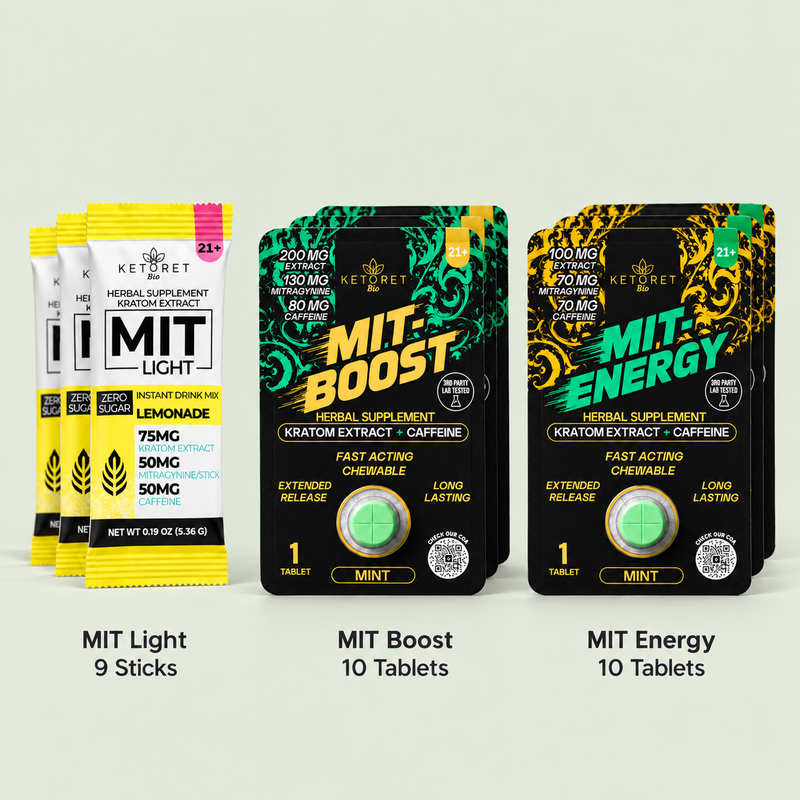 KetoretBio MIT Power Bundle with 9 MIT Light Lemonade sticks, 10 MIT Boost tablets and 10 MIT Energy tablets.