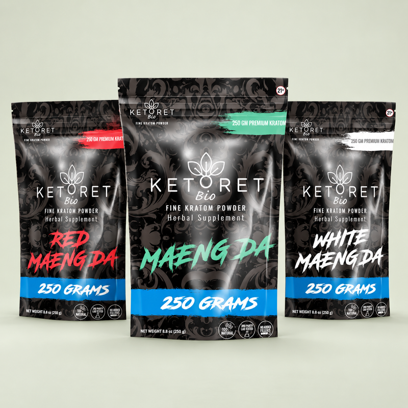 KetoretBio powder variety pack with Maeng Da, Red Maeng Da and White Maeng Da, 250 grams per bag.
